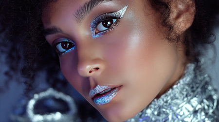 Futuristic makeup on a woman with silver eyeliner and holographic lipstick, styled for a sci-fi inspired beauty shootの素材