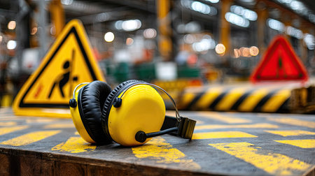 Earmuffs shown next to safety signage and warning labels in a factory safety zoneの素材