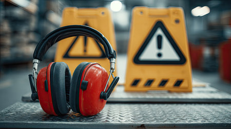 Earmuffs shown next to safety signage and warning labels in a factory safety zoneの素材