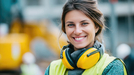 Female construction worker smiling in safety gear including earmuffs and a reflective vest on siteの素材