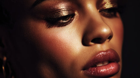 Glamorous portrait of a woman with metallic gold eyeshadow, glossy lips, and flawless skin under dramatic lightingの素材