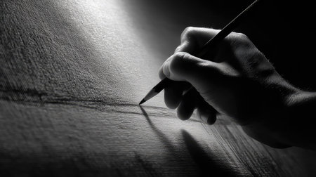 Hand holding a pencil sketching a single line across a textured canvas surface in dramatic lightingの素材