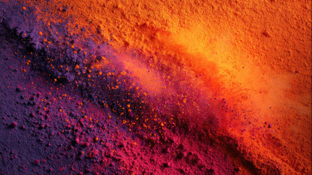 Fine powder in rich sunset tones bursting diagonally across the frame, blending orange, red, and violet pigmentsの素材