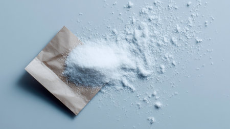 High-angle shot of white sugar spilled from a paper packet onto a clean table, with copy spaceの素材