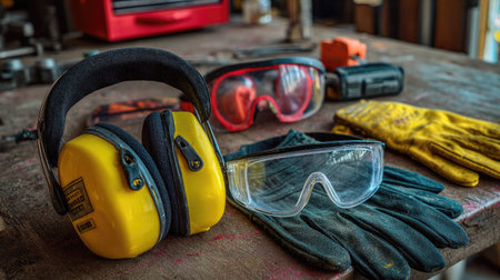 Hearing protection gear laid out on a workshop bench including earmuffs, safety glasses, and glovesの素材