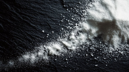 Flat lay of white sugar sprinkled across a black slate surface, showing strong contrast and detailの素材