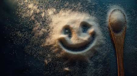 Granulated sugar shaped into a smiley face on a dark table, capturing a fun and creative kitchen momentの素材