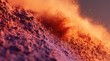 Fine powder in rich sunset tones bursting diagonally across the frame, blending orange, red, and violet pigmentsの素材
