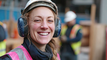 Female construction worker smiling in safety gear including earmuffs and a reflective vest on siteの素材