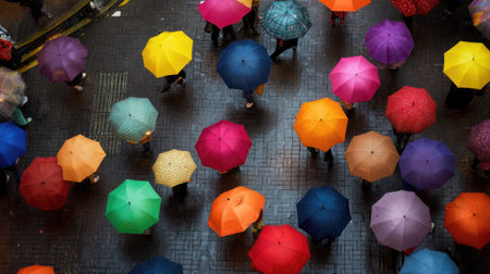 Group of people holding colorful umbrellas walking through a city in the rain, viewed from aboveの素材