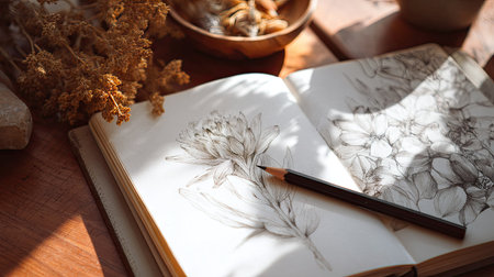 Light sketch line from a pencil on a blank art journal page with floral elements nearbyの素材