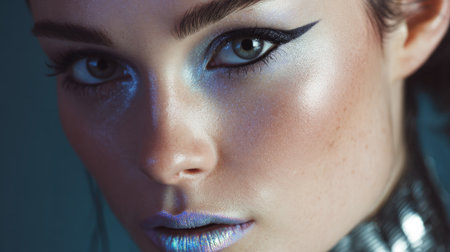 Futuristic makeup on a woman with silver eyeliner and holographic lipstick, styled for a sci-fi inspired beauty shootの素材