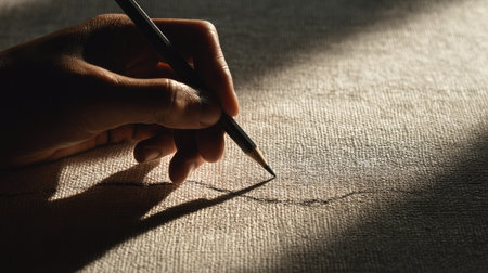 Hand holding a pencil sketching a single line across a textured canvas surface in dramatic lightingの素材