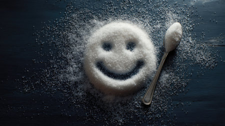 Granulated sugar shaped into a smiley face on a dark table, capturing a fun and creative kitchen momentの素材
