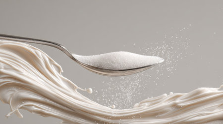 Flowing stream of white sugar being poured from a spoon, captured mid-air with motion blurの素材