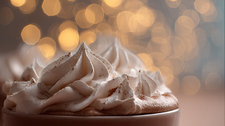 Macro shot of whipped cream peaks on top of hot cocoa with soft focus background lightsの素材