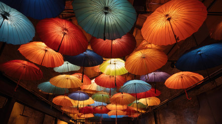 Multicolor umbrellas hanging upside down from ceiling in an art installation with dramatic lightingの素材