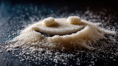 Granulated sugar shaped into a smiley face on a dark table, capturing a fun and creative kitchen momentの素材