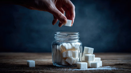 Hand reaching for sugar cubes in a glass jar, portraying daily routine or morning beverage prepの素材