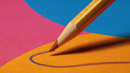 High-angle view of a classic wooden pencil drawing a looping line on a vibrant colored backdropの素材