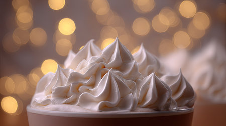 Macro shot of whipped cream peaks on top of hot cocoa with soft focus background lightsの素材