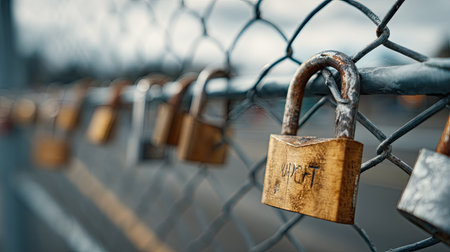 Multiple padlocks on a fence, with one large lock in focus, representing safety and strength in numbersの素材