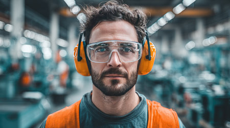 Industrial worker wearing protective earmuffs and safety goggles, standing in a manufacturing plantの素材