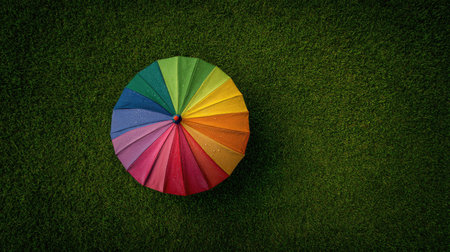 Multicolored umbrella seen from above against a green grass background, symbolizing joy and summer funの素材
