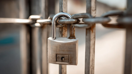 Modern silver padlock secured around a metal gate, against a bright background to emphasize protectionの素材