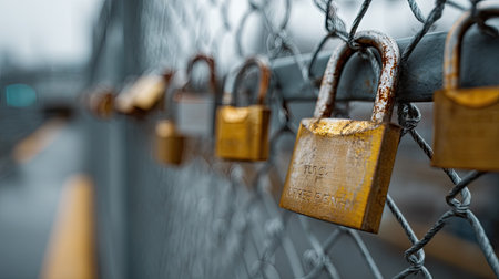 Multiple padlocks on a fence, with one large lock in focus, representing safety and strength in numbersの素材