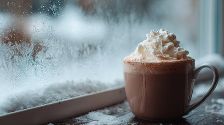 Mug of hot chocolate with whipped cream melting slightly, photographed next to a frosty windowの素材