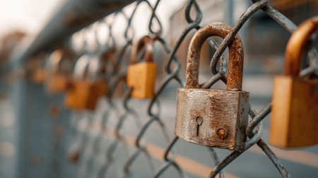 Multiple padlocks on a fence, with one large lock in focus, representing safety and strength in numbersの素材