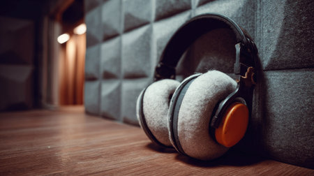 Noise-reduction earmuffs resting on a soundproof wall in a music studio, used for audio protectionの素材