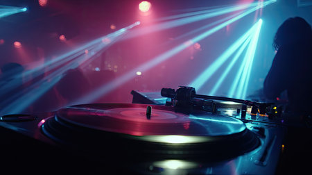 Nightclub scene with a black DJ turntable lit by LED strobes, capturing the intensity of electronic music cultureの素材