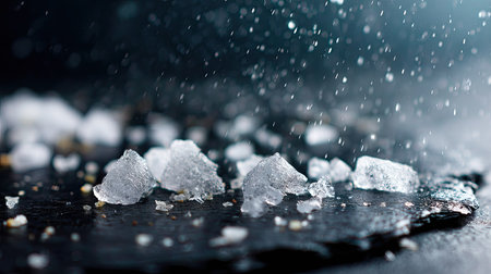 Melting crushed ice over black slate with shallow depth of field, creating a moody and artistic cooling themeの素材