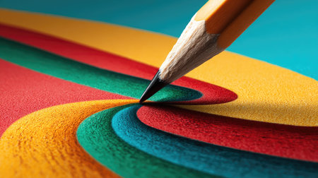 High-angle view of a classic wooden pencil drawing a looping line on a vibrant colored backdropの素材