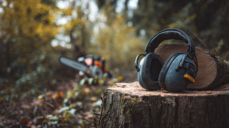Noise-canceling earmuffs next to a chainsaw on a stump, illustrating forest work and safety precautionsの素材