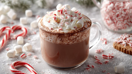 Festive hot chocolate surrounded by candy canes, marshmallows, and whipped cream on topの素材