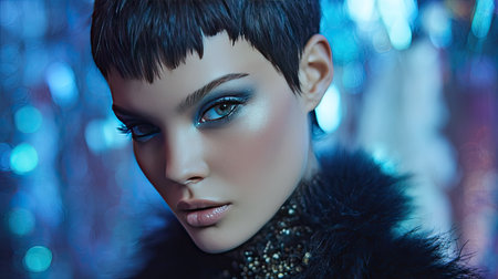 Fashion-forward model with duochrome eyeshadow and sculpted cheekbones, styled in a futuristic settingの素材