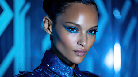 Fashion-forward model with duochrome eyeshadow and sculpted cheekbones, styled in a futuristic settingの素材