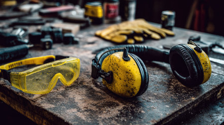 Hearing protection gear laid out on a workshop bench including earmuffs, safety glasses, and glovesの素材