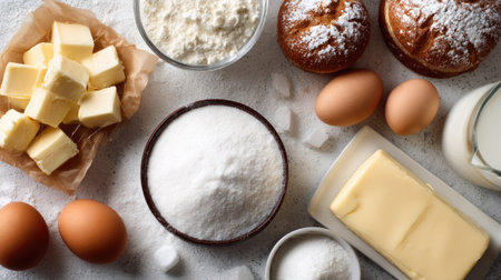 Flat lay of white sugar surrounded by ingredients like flour, eggs, and butter, ready for bakingの素材