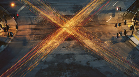 Intersection captured with speed trails forming an X pattern under traffic signals and street lampsの素材