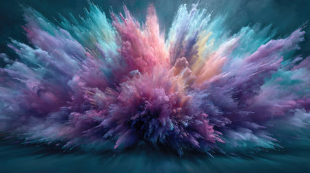 Horizontal view of powder bursting into a radiant halo of pink, purple, and teal hues, expressing energy and creativityの素材