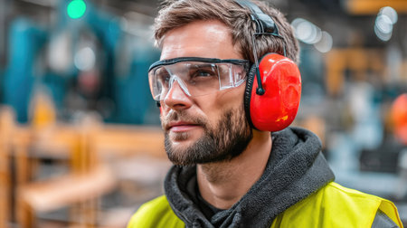 Industrial worker wearing protective earmuffs and safety goggles, standing in a manufacturing plantの素材