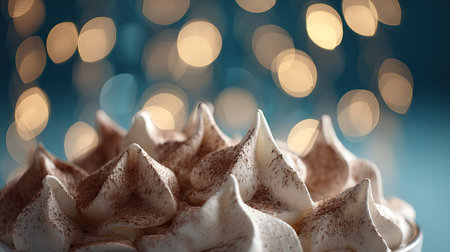 Macro shot of whipped cream peaks on top of hot cocoa with soft focus background lightsの素材