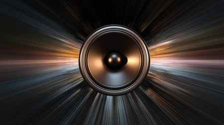 Abstract image of sound waves radiating from a modern loudspeaker, with dynamic motion blurの素材