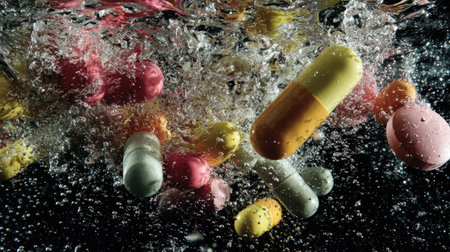 Abstract image of various medicines and water flying together, high-speed photography with sharp detailsの素材