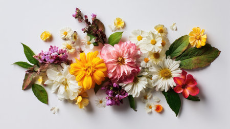 Artistic flat lay of a large mixed flower bouquet with leaves and petals spread out on a white surfaceの素材
