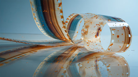 Artistic display of negative film spiraled creatively on a bright surfaceの素材
